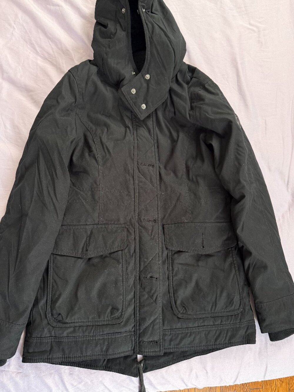 Black Waxed Field Jacket Faux Fur Hood Sz XS
